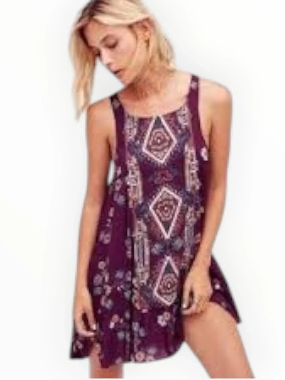 FREE PEOPLE Intimately Annka Boarder Slip Dress Plum Floral Geo Tank Swing XS S